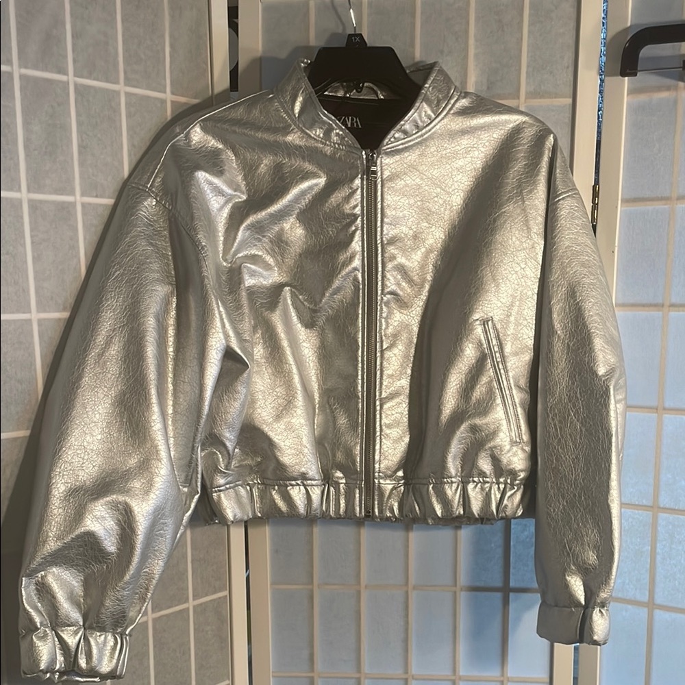 Zara Silver Bomber Jacket with Stand-Up Collar and Elasticized Cuffs - Picture 2 of 8
